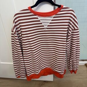 Brown and White Striped Sweater with Orange Trim